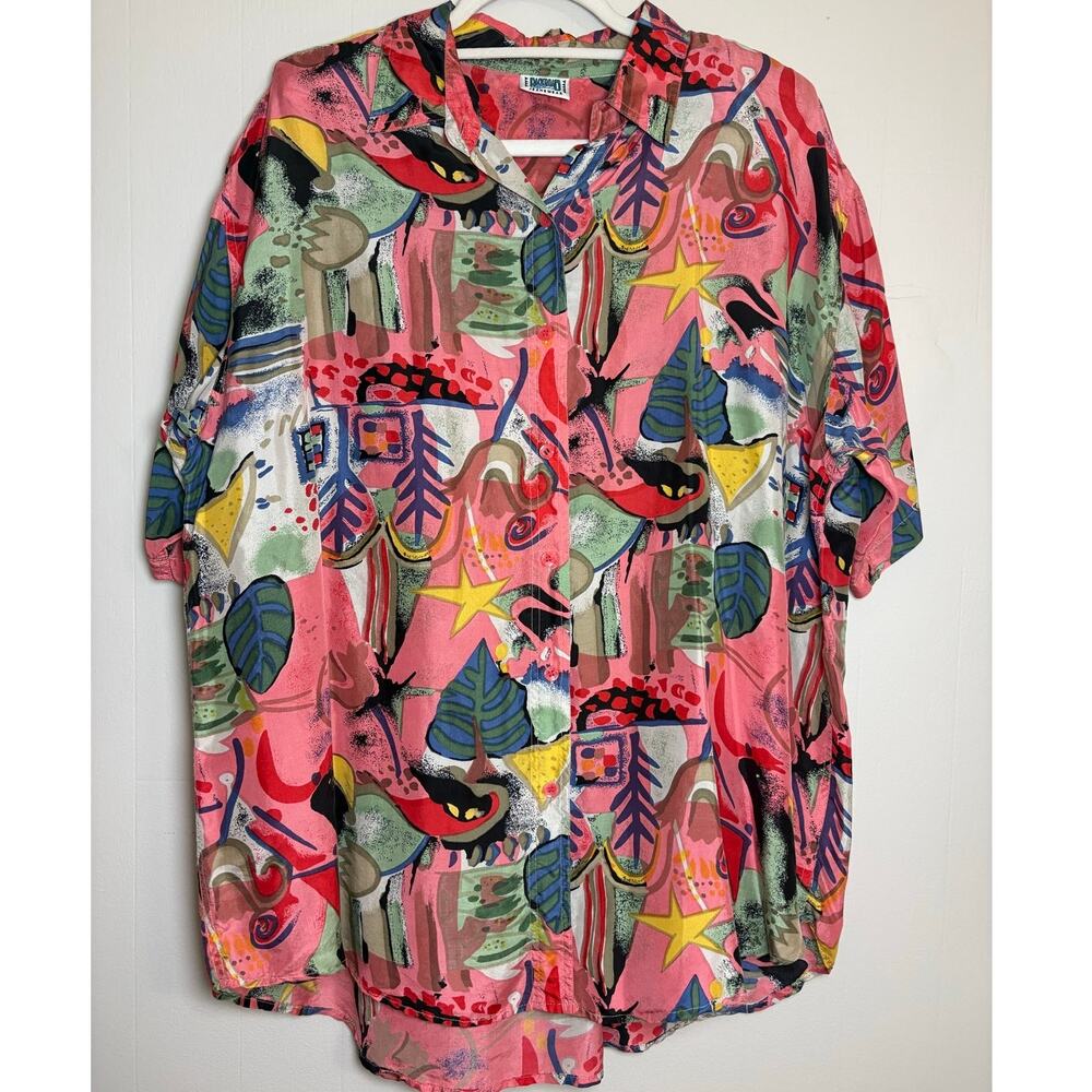 Backroad Blues Jeanswear Vintage 80s 90s Button Front Abstract Silk Shirt EUC